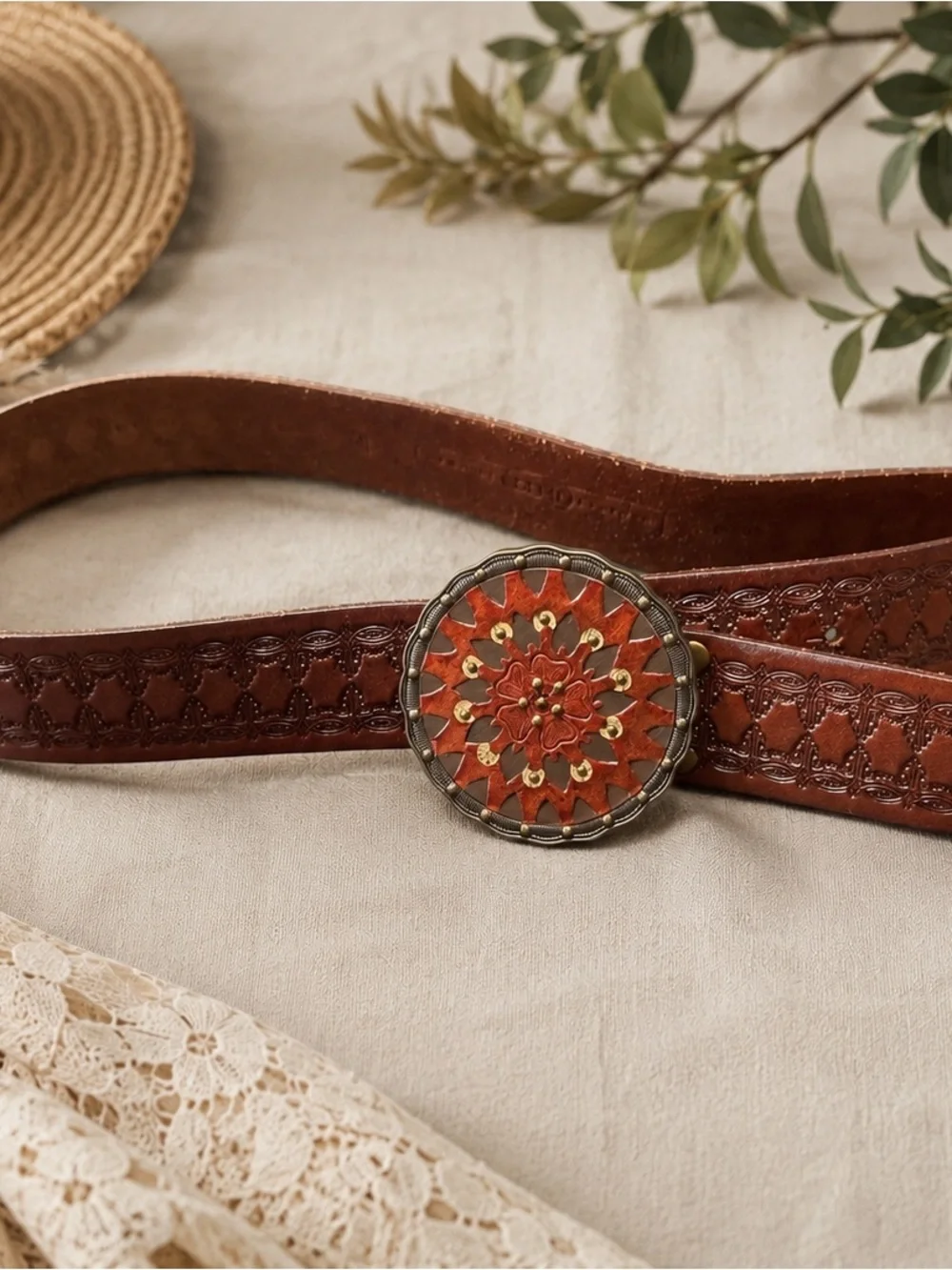 Fossil Genuine Leather Tooled Concho Belt Brown Western Boho Floral Medallion - Picture 2 of 8